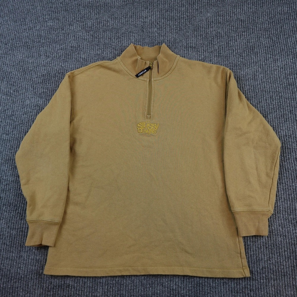 Stussy Sweatshirt Mens Small Beige 1/4 Zip Mock Neck Pullover Embroidered Logo